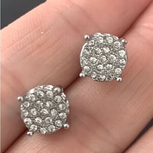 Sparkly White Gold Plated Silver Tone CZ Stud Earrings, Pavé Crystal Bling, Gift